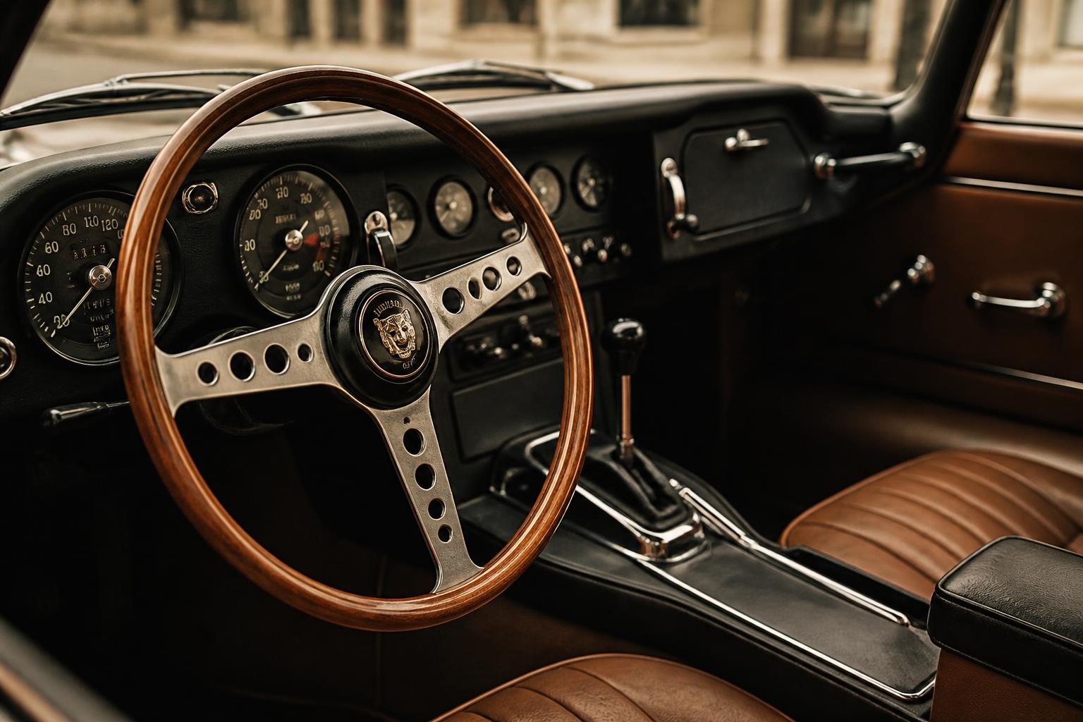 Interior de veículo clássico com volante de madeira